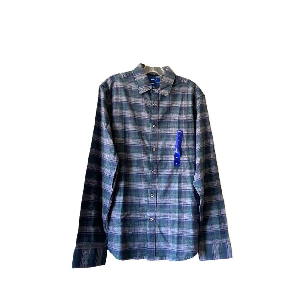 NWT Apt. 9 Premier Flex Men M Blue Green Plaid Button Down Shirt Stretch